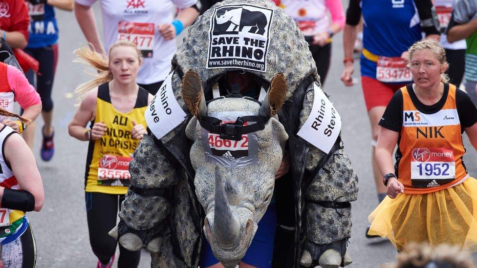 A man runs in a rhino costume