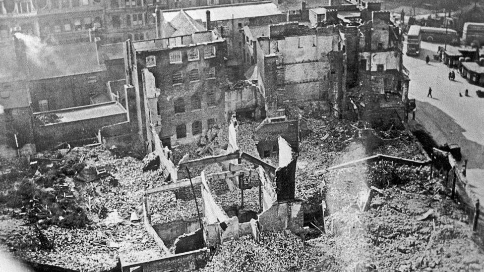 Aerial view showing bomb damage around the Bull Ring, Birmingham on 10 April 1941