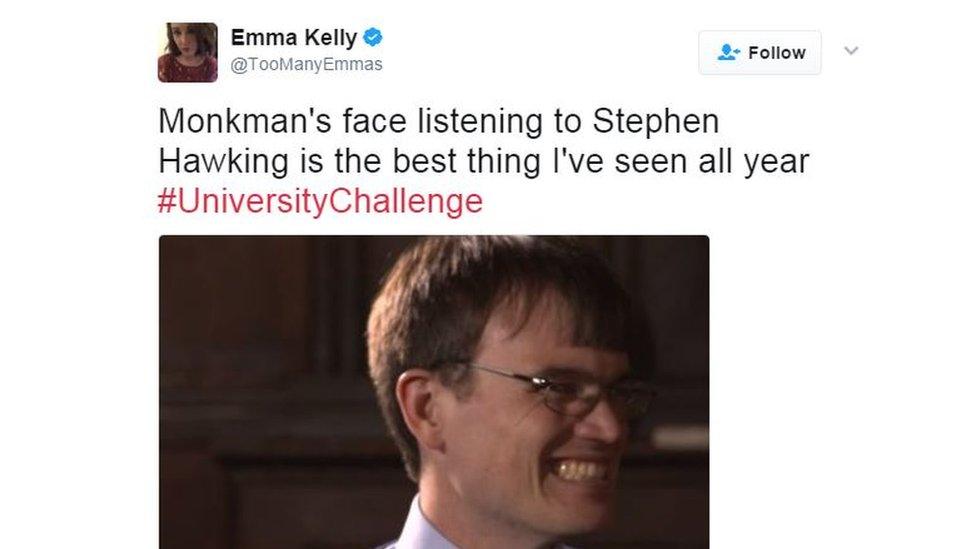 Monkman's face listening to Hawking