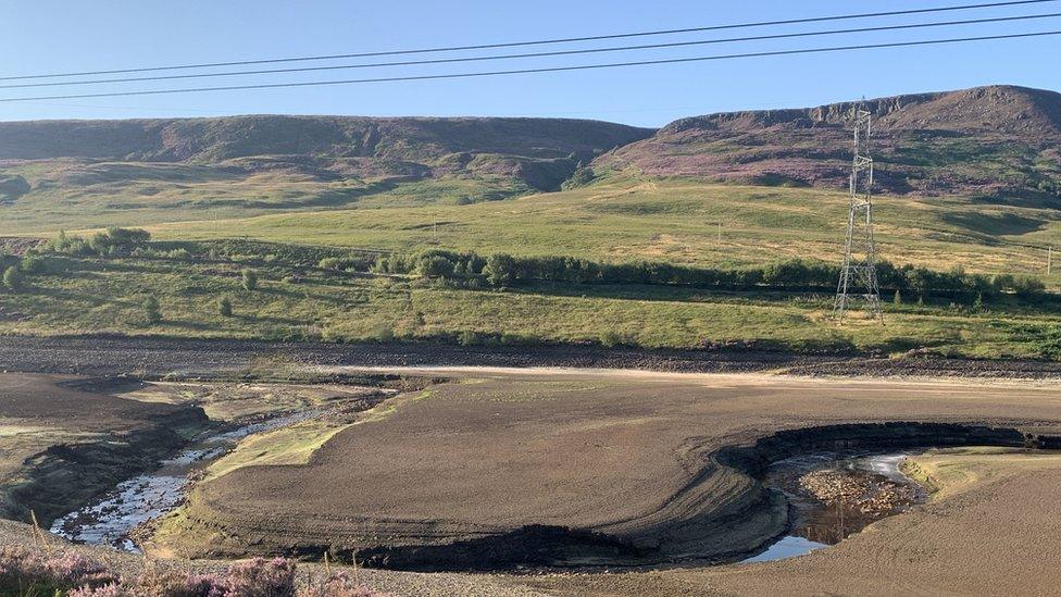 A view of the low water levels at the Woodhead Reservoir in Derbyshire