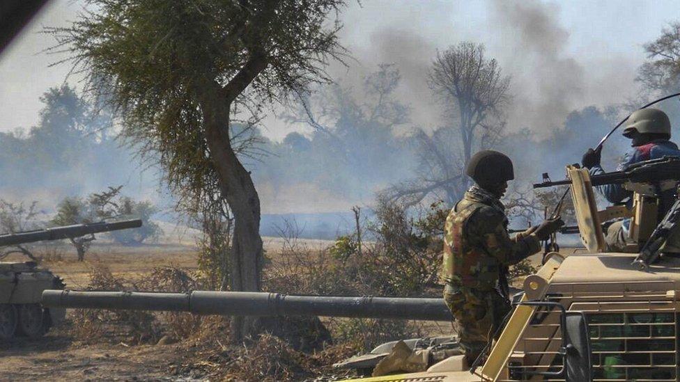 an insurgents" camp being destroyed by Nigerian military in the Sambisa Forest, Borno state in 2015