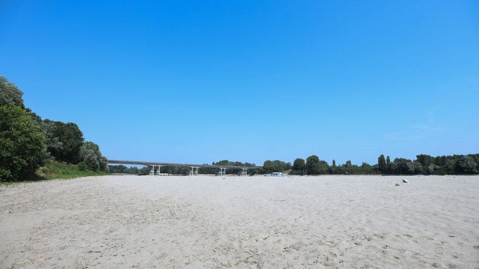 The river bed of the Po in Boretto, Italy, has dried up