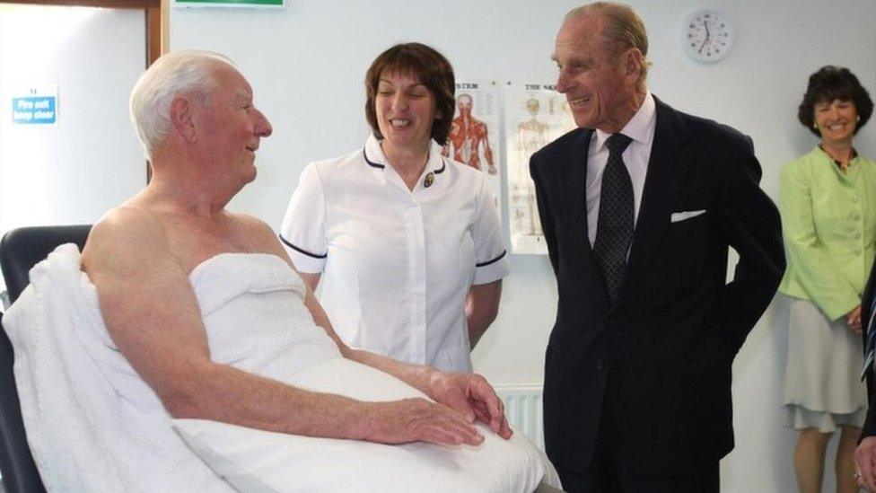 The Duke of Edinburgh meets patients and staff in the physiotherapy unit of the Police Rehabilitation and Retraining Trust