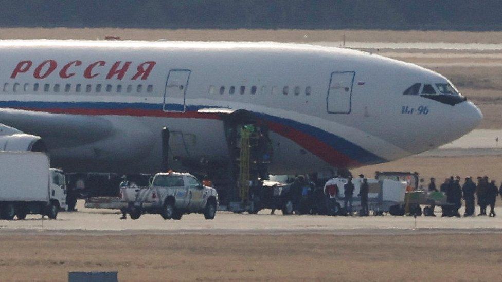 Russian plane collecting expelled diplomats from Dulles international airport in Chantilly, Virginia, US