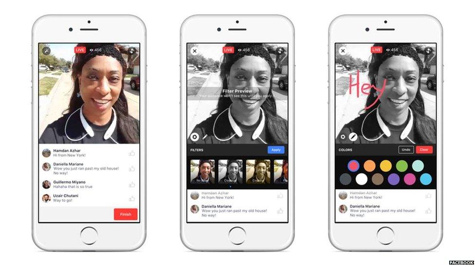 Filters and writing in Facebook Live videos.