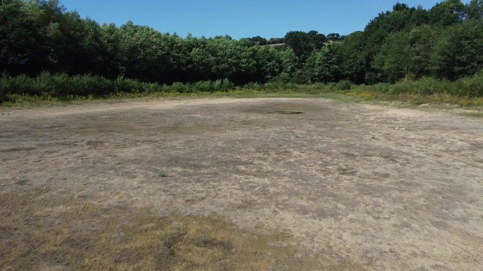 The dried-up reservoir at Riverford, in Devon