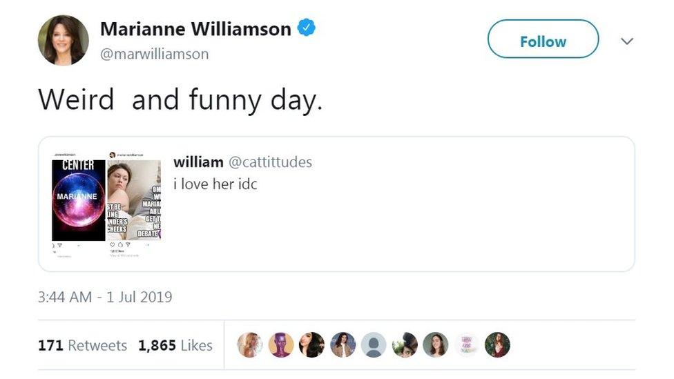 A screenshot of Marianne Williamson's Twitter page