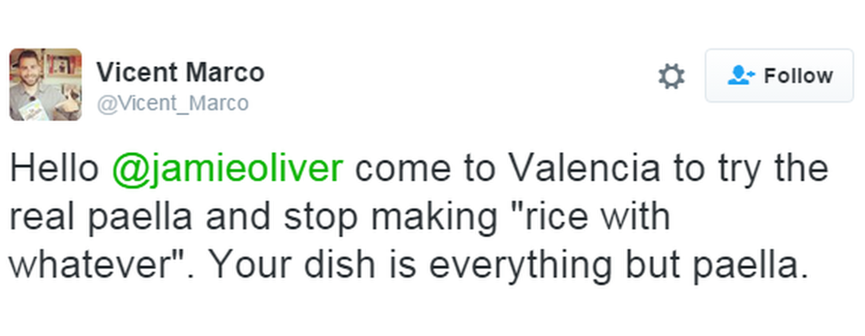 A tweet reads: "Hello @jamieoliver come to Valencia to try the real paella and stop making "rice with whatever". Your dish is everything but paella."