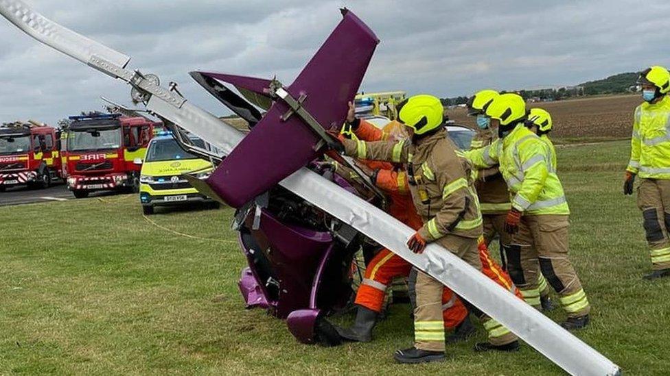 The crashed gyrocopter at Beccles Airfield