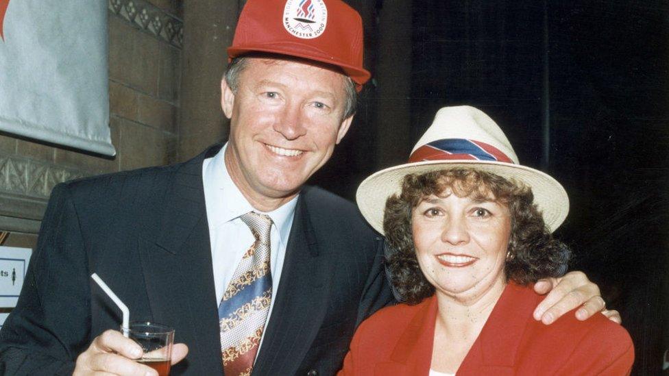 Manchester United manager Alex Ferguson and Linda Soland of Manchester City Council on the day the host city was announced