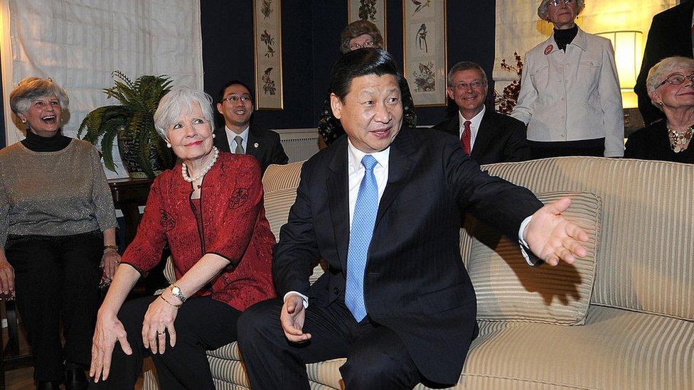 The Chinese leader reunited with Muscatine residents including Sarah Lande (l) during his 2012 visit. In 1985, Lande helped coordinate a visit to Muscatine for a delegation headed by Xi