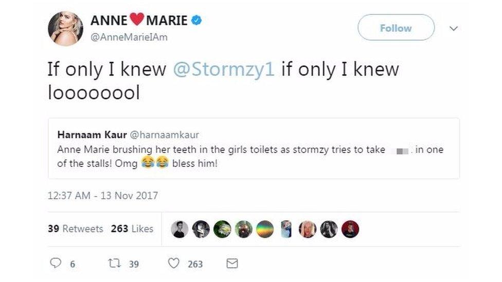 Screenshot of Anne Marie's tweet reading "If only I knew @Stormzy1 if only I knew looooooool"