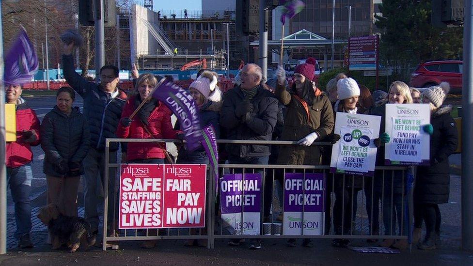 Unison health workers at a picket line at Altnagelvin Hospital in Londonderry