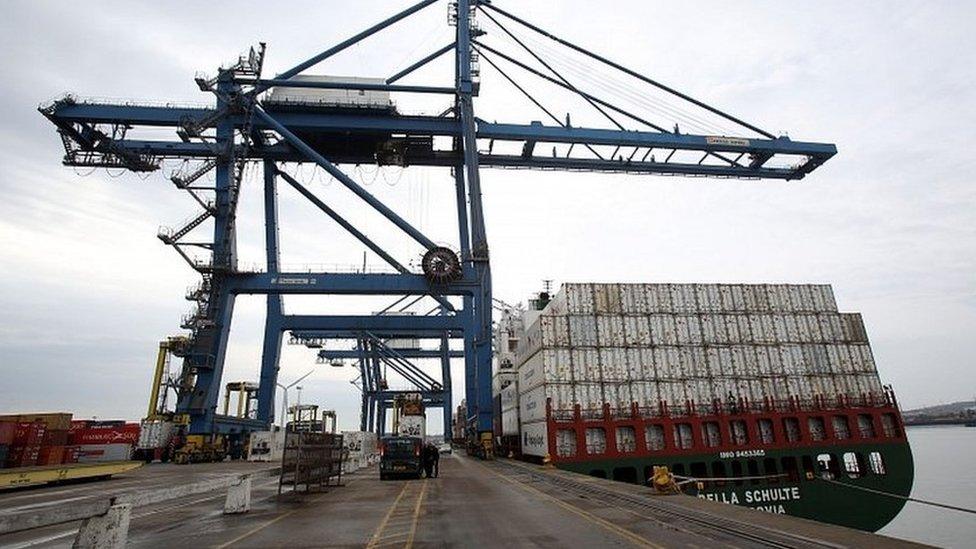 Container waiting to be shipped from Tilbury Docks in Essex