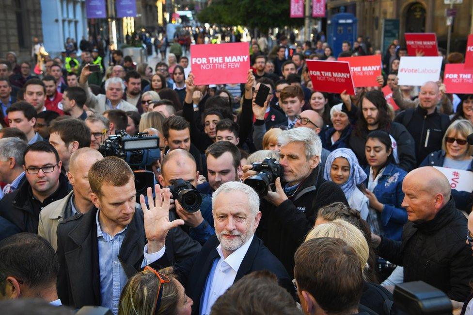 Jeremy Corbyn, Leader of the Labour Party, speaks to activists during a campaign rally on Buchanan Street, Glasgow, on June 7, 2017.