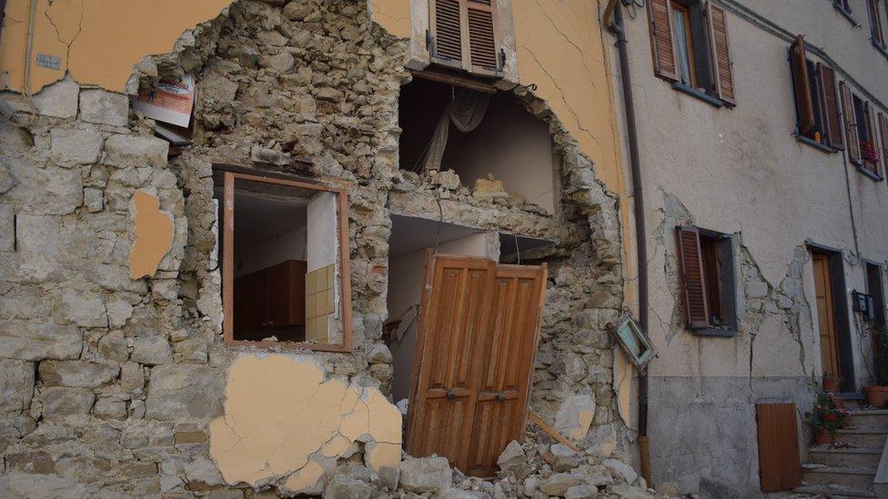 Ruined buildings in Arquata del Tronto, Italy, 27 September 2016