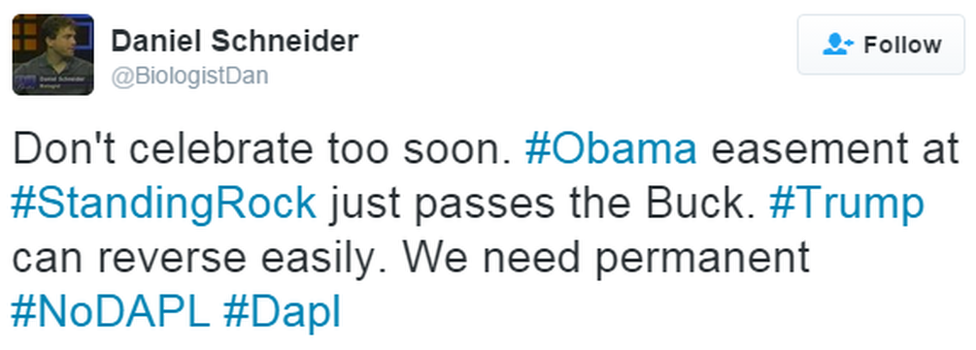 A tweet reads: "Don't celebrate too soon. #Obama easement at #StandingRock just passes the Buck. #Trump can reverse easily. We need permanent #NoDAPL #Dapl"