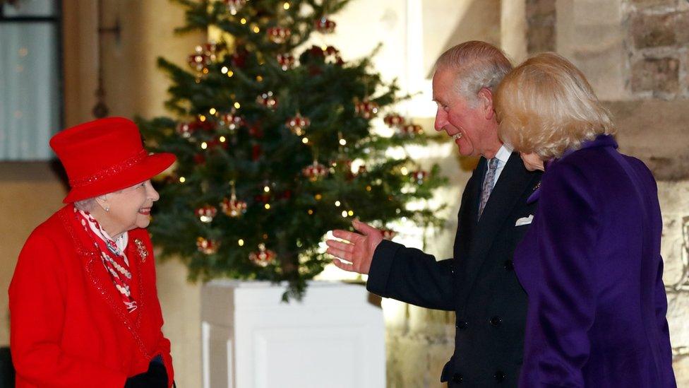 The Queen with the Prince of Wales and Camilla in 2021.