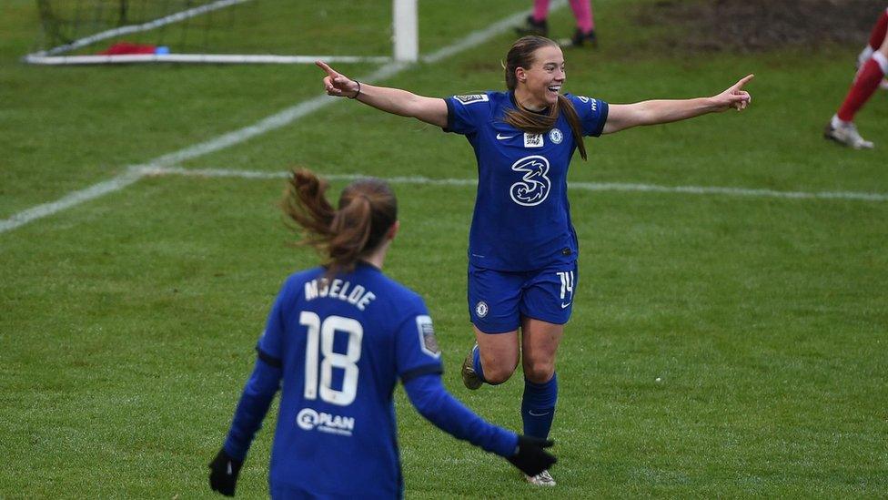 Fran Kirby celebrates scoring for Chelsea against Bristol City in February