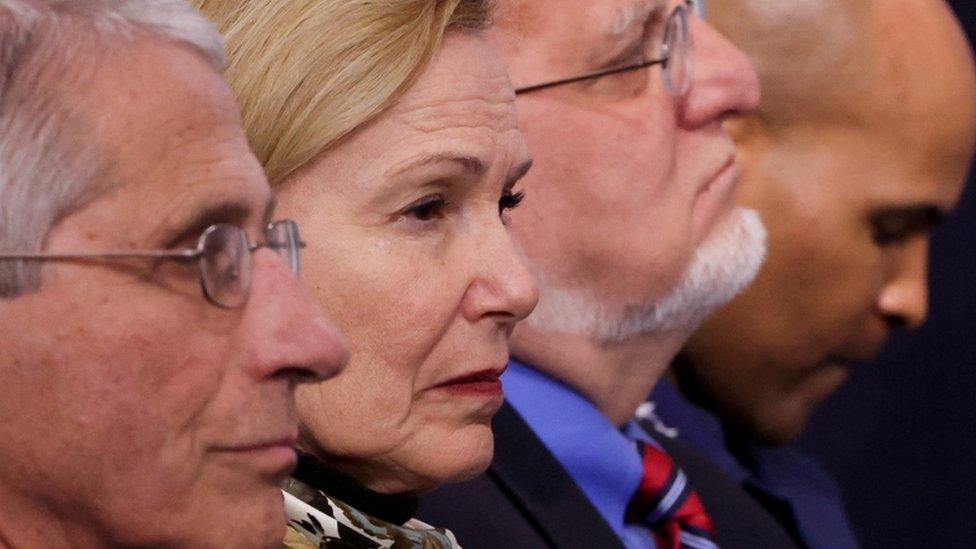 Anthony Fauci, Deborah Birx, CDC Director Robert Redfield and Surgeon General Jerome Adams at daily coronavirus briefing in April