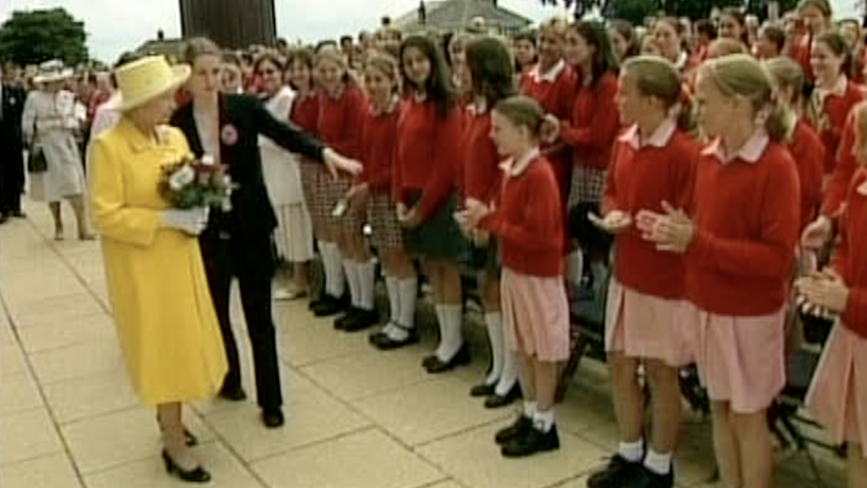 Her Majesty officially opening a new building at Jersey College for Girls in 2001