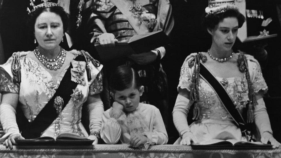 Prince Charles with his Aunt, Princess Margaret (r) and his Grandmother, Elizabeth the Queen Mother, at the 1953 Coronation of his mother, Queen Elizabeth II.