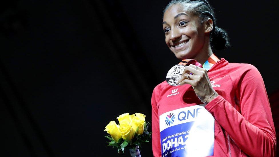 Silver medallist Nafissatou Thiam of Belgium stands on the podium during the medal ceremony for the Women's Heptathlon at the World Athletics Championships Doha 2019 4 October 2019 in Doha, Qatar