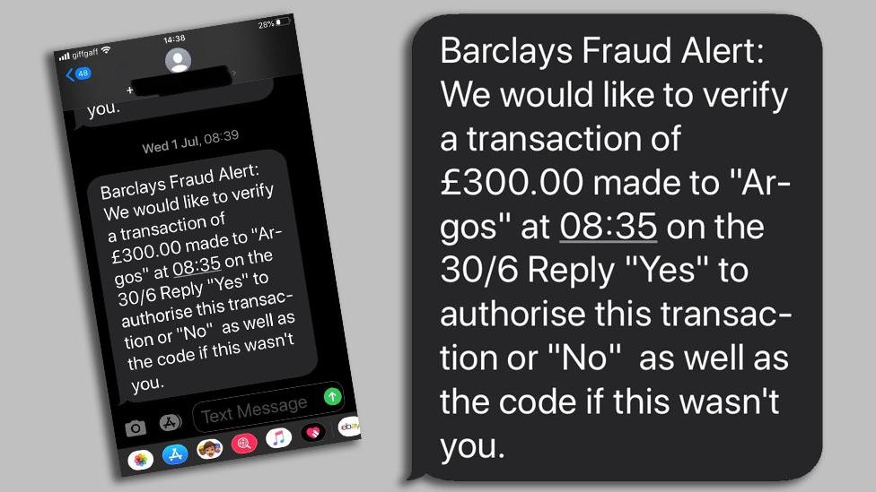 A spoof text message sent by fraudsters