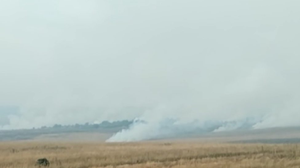 Smoke over a grassland area