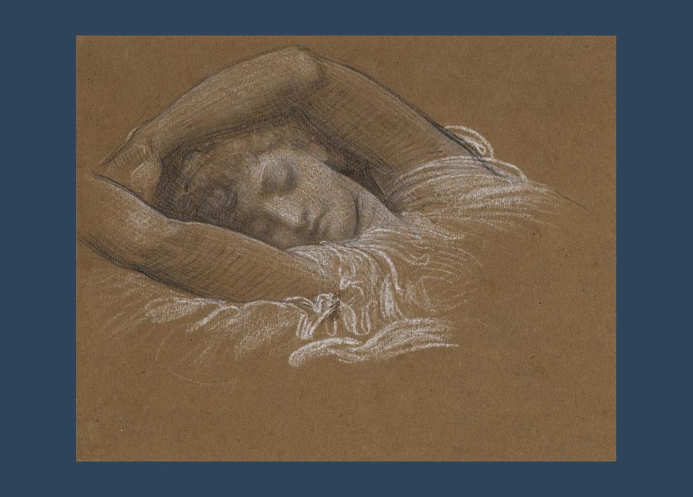 Frederic Leighton, Study of Iphigenia for Cymon and Iphigenia, 1883, black and white chalks on brown wove paper, 22 × 29.5