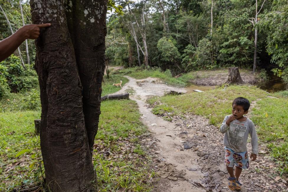 Orlando Rufino points at a tree to show where the level of the river would normally be