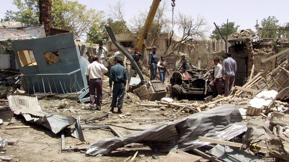 Image shows the aftermath of the 2008 suicide bomb attack on the Indian Embassy in Kabul