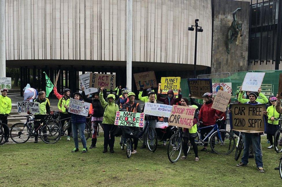 Protesters from Extinction Rebellion congregating outside Newcastle's Civic Centre