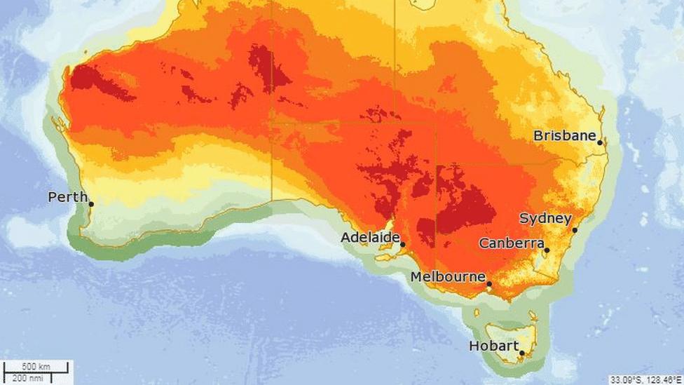 A Bureau of Meteorology forecast for Saturday shows a map of Australia with red sections representing extreme heat