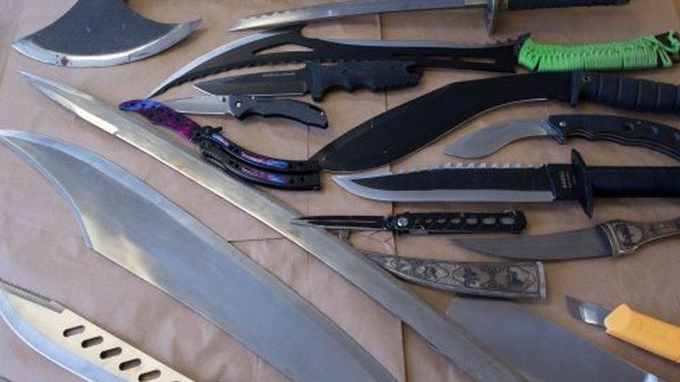 a collection of knives that have been involved in knife crime and recovered by the police in London