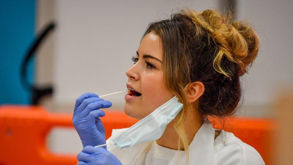 A testing staff member completes a lateral flow test swab