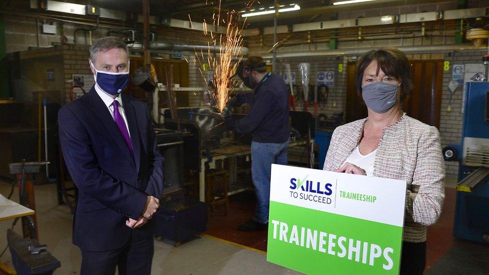 Northern Regional College's Farm Lodge campus, with Economy Minister Paul Frew and Christine Brown of NRC with NRC Technician Richard Thompson.