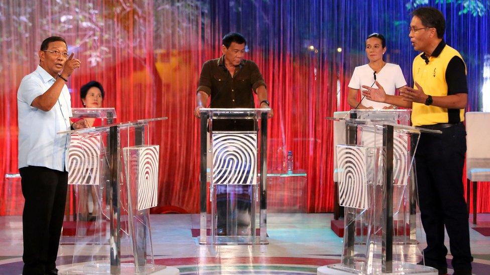 This photo shows the 2016 Philippine presidential candidates at a televised debate