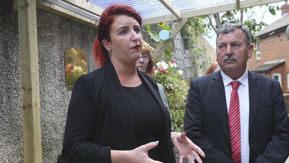 Louise Haigh speaking outdoors while standing next to John Teggart