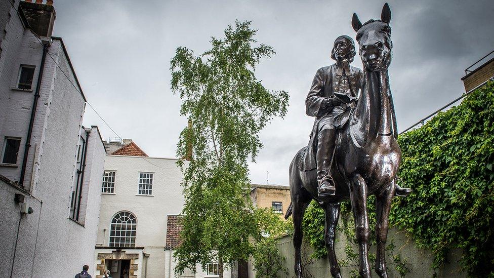 Statue of John Wesley on horseback outside the chapel