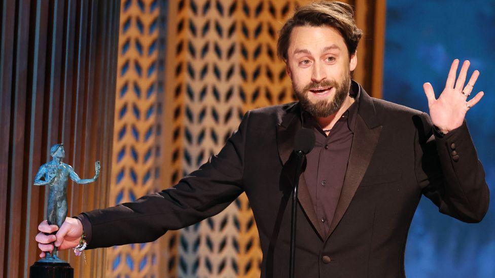 Kieran Culkin accepts the Outstanding Performance by a Male Actor in a Supporting Role award for "A Real Pain" onstage during the 31st Annual Screen Actors Guild Awards at Shrine Auditorium and Expo Hall on February 23, 2025 in Los Angeles, California.