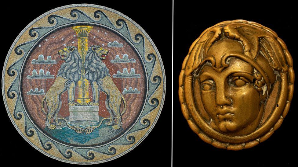 Composite image showing a mosaic depicting two lions protecting a column of gold on the left and a close-up of a metal doorknob featuring the head of Roman God Mercury