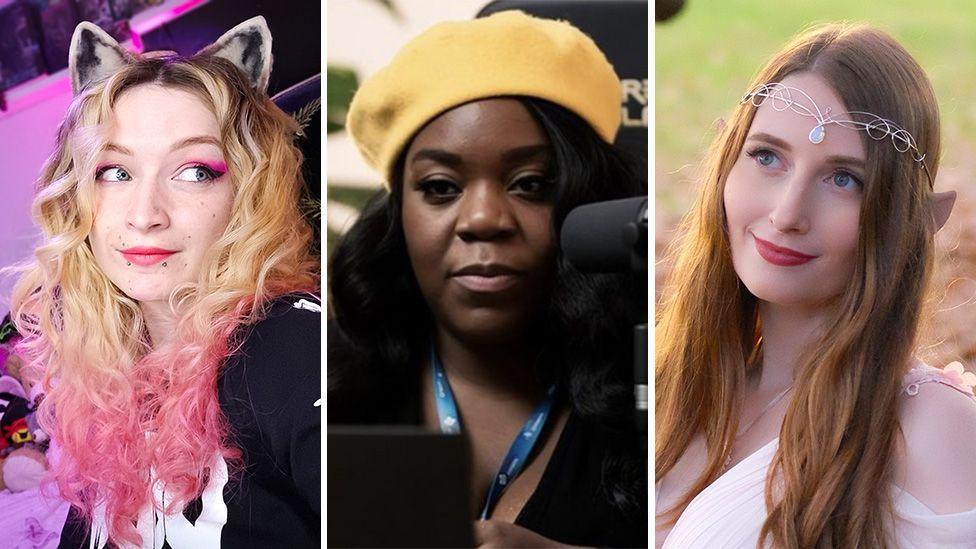 Composite of three females. The leftmost wears cat-style ears and her long, blonde curly hair is dyed pink at the tips. The middle portrait shows a person sitting at a streaming set-up, and she's wearing a yellow beret. On the right a female with long brown hair and pointy elf ears wears a white dress and a diadem/tiara on her head.a 