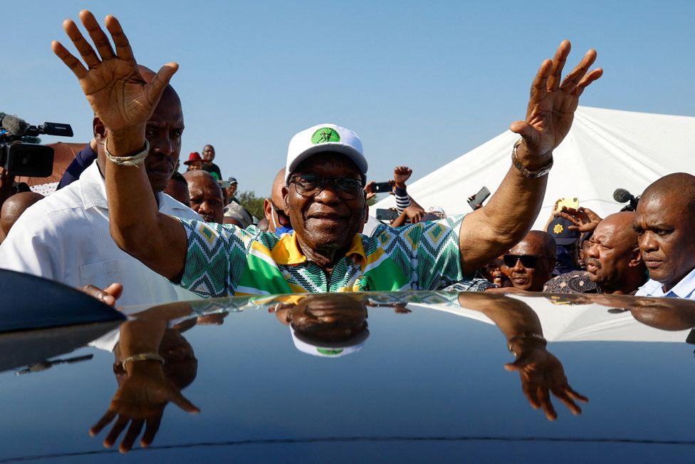 Former South African President Jacob Zuma gestures after voting during the South African elections, in Nkandla, South Africa, 29 May  2024. 