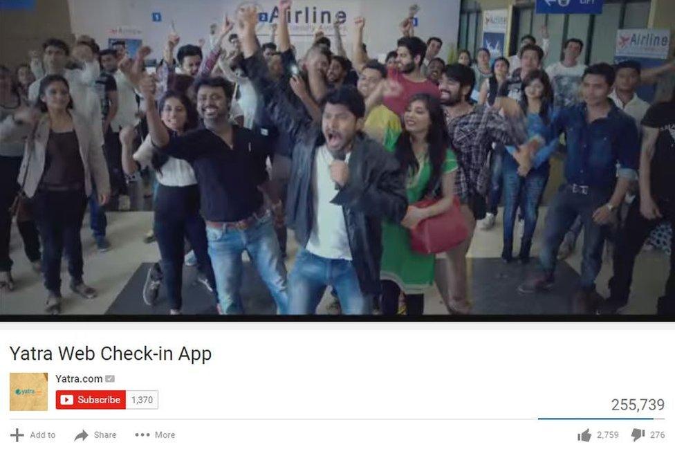 YouTube screenshot of Yatra.com ad for its web check-in spoofing Indian student Kanhaiya Kumar's slogans