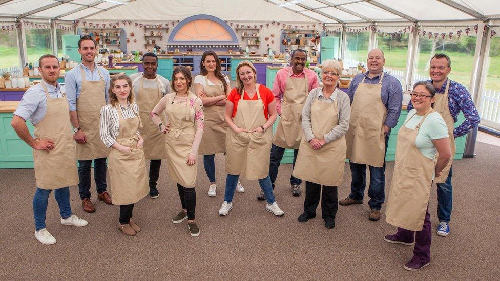 The new contestants of Great British Bake Off - left to right Steven, Tom, Julia, Liam, Kate, Sophie, Stacey, Peter, Flo, James, Yan and Chris