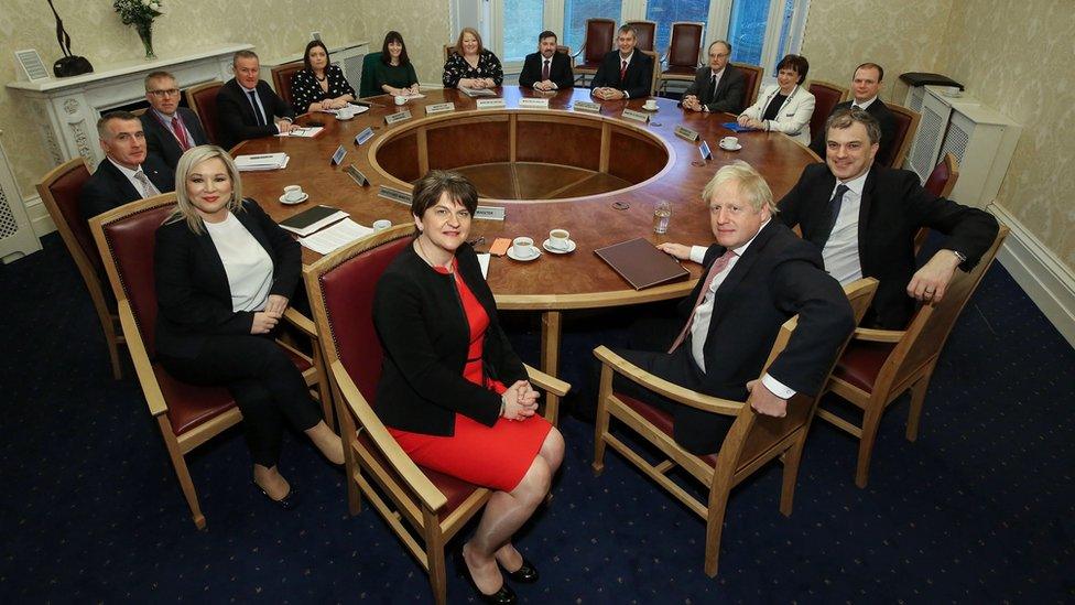 Boris Johnson meeting the new executive ministers at Stormont Castle in January 2020