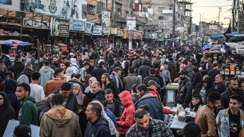 Crowded street in Rafah, Gaza's southernmost city