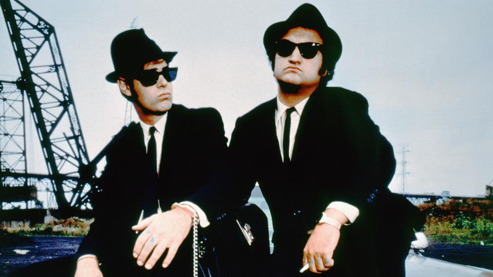 Dan Aykroyd and John Belushi on the set of The Blues Brothers