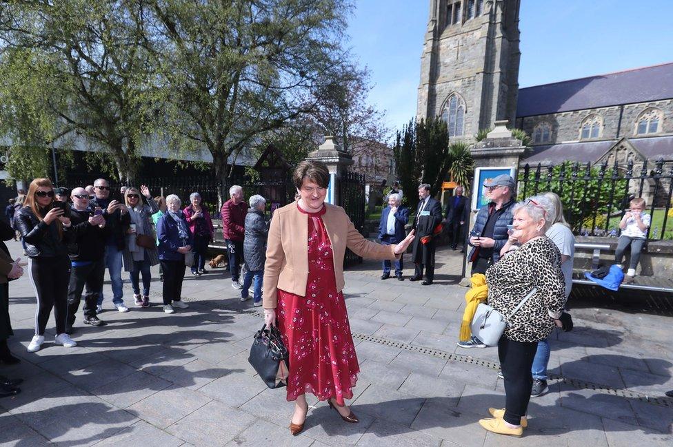 Arlene Foster speaks to well-wishers after a church service in Coleraine